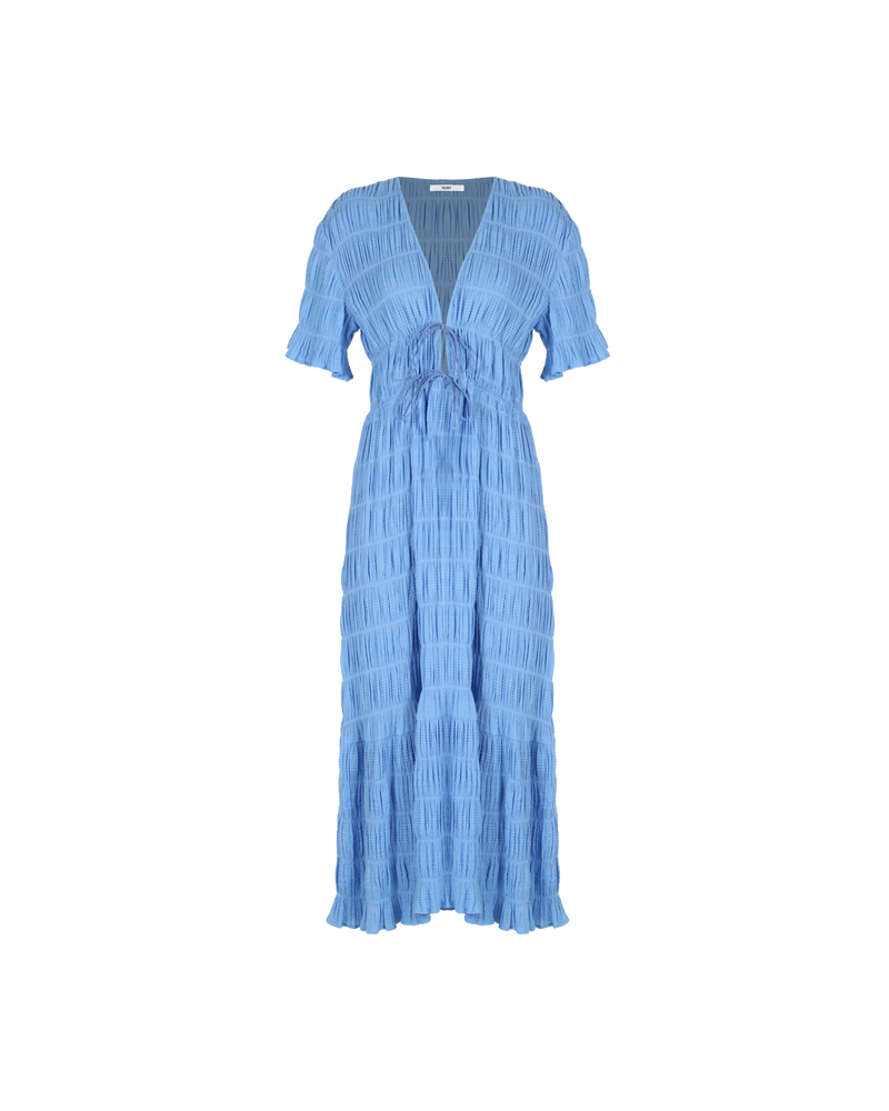 MIRELLA V-NECK DRESS CORNFLOWER | Short sleeve midi dress with a deep V-neckline and a double drawstring waist in the signature Mirella fabric, a delicate embroidered cotton. A timeless silhouette appropriate for every occasion.