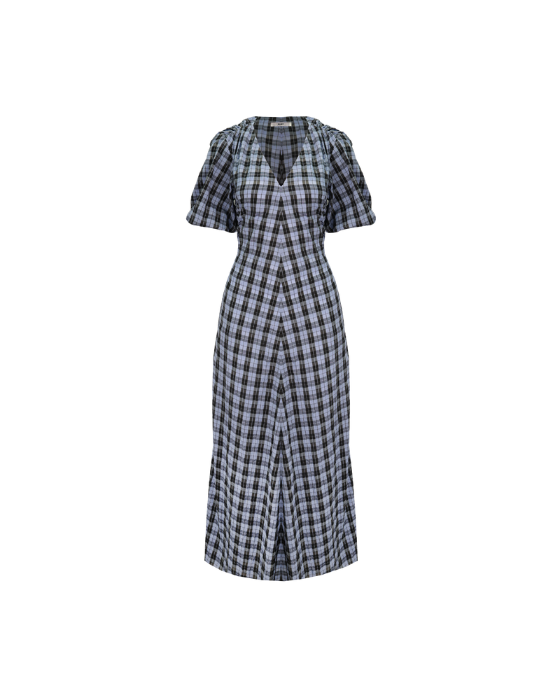 MOLLY DRESS BLUE TARTAN | V-neck midi dress designed in a blue tartan cotton with a subtle bubble texture. This dress features puff sleeves and built-in ties that can be used to cinch in the...