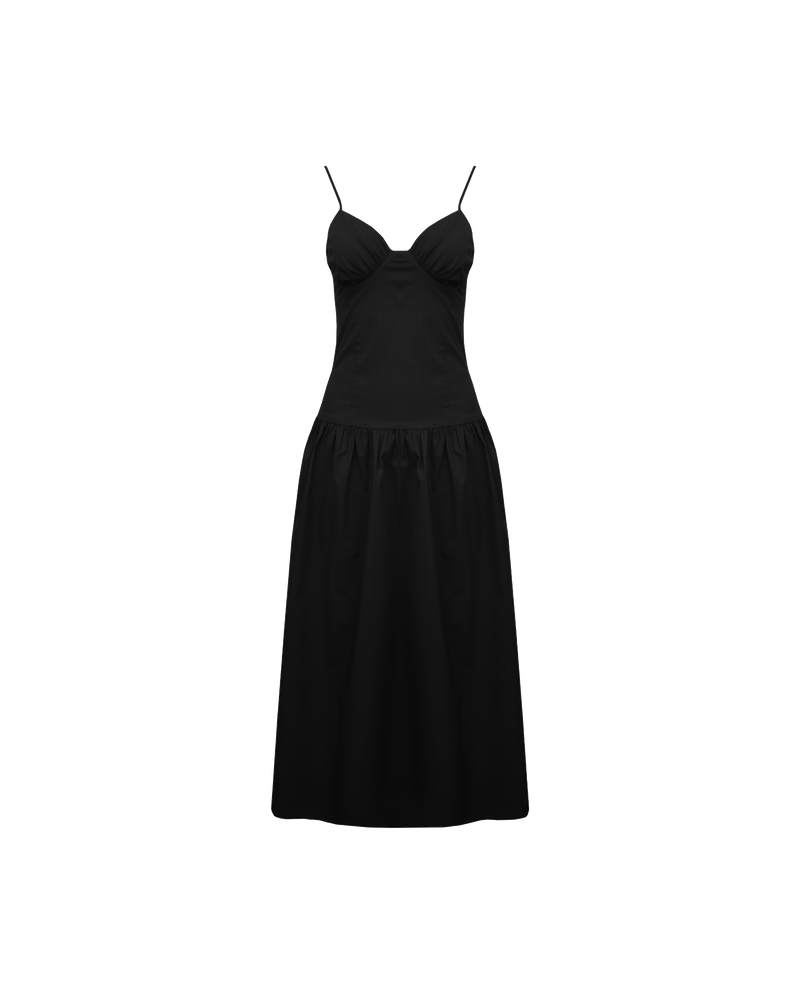 MONACO DRESS BLACK | Sleeveless midi sundress designed in a stretch black cotton. This dress features dainty straps and bust detailing, creating a sweetheart neckline. The dropped waist falls to a soft gathered midi...