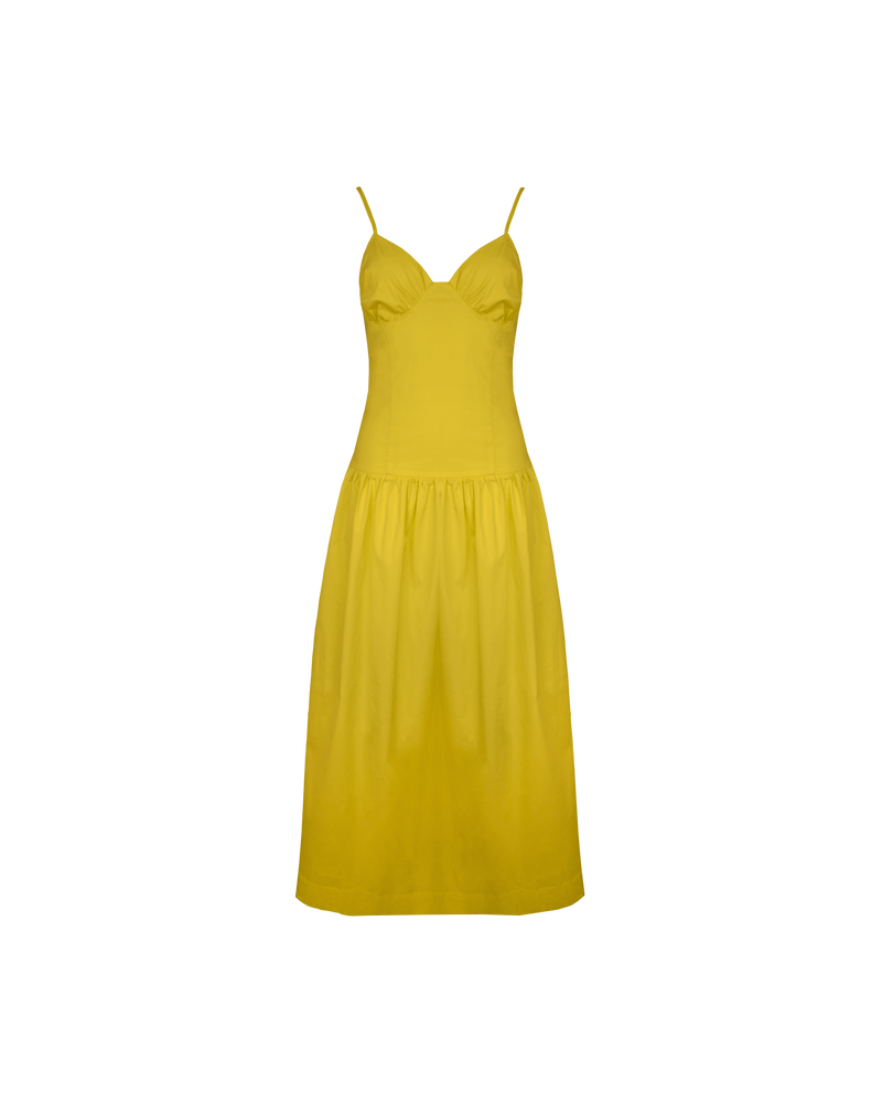 MONACO DRESS CHARTREUSE | Sleeveless midi sundress designed in a striking chartreuse cotton. This dress features dainty straps and bust detailing, creating a sweetheart neckline. The dropped waist falls to a soft gathered midi...