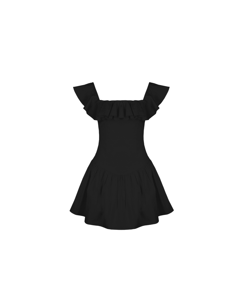 MONACO MINI DRESS BLACK | Cap sleeve mini dress with a feature ruffle across the neckline and sleeve. This dress has a fitted bodice with a dropped waist and falls to a gathered mini skirt.