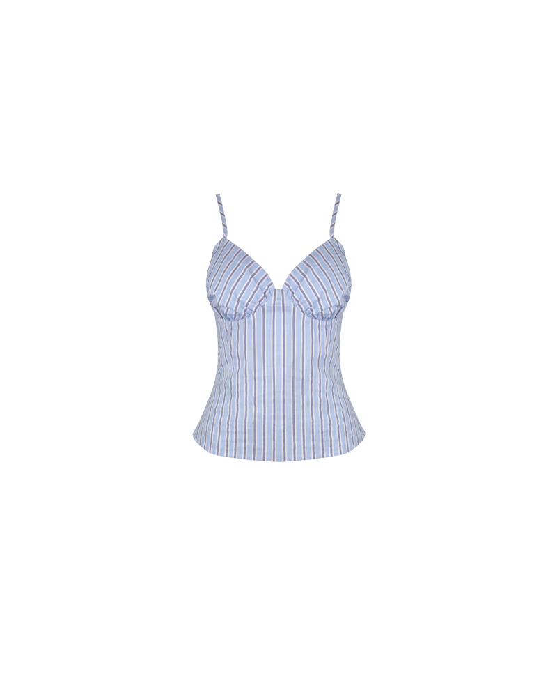 MONACO TANK BLUE SKY STRIPE | Sleeveless bodice style tank designed in a stretch blue striped cotton. This top features dainty straps and bust detailing, creating a sweetheart neckline. Make it a set by pairing this...