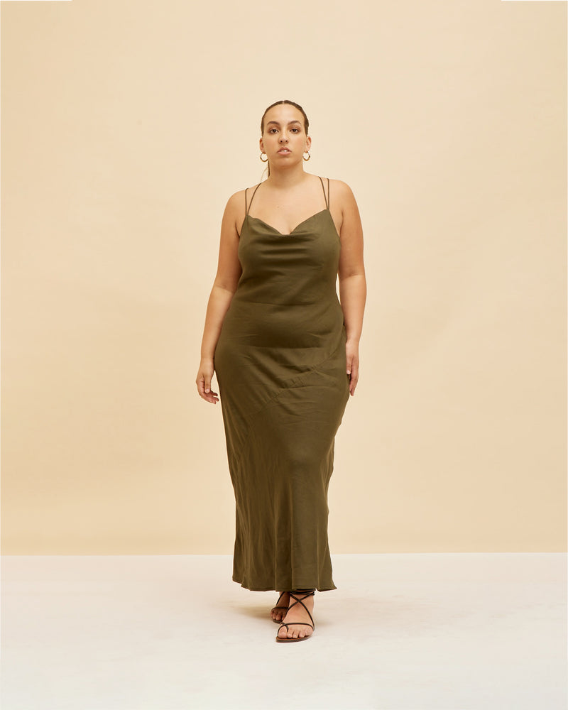 NAIA LINEN SLIP KHAKI | Bias cut linen maxi dress with a cowl neck, crossover back straps and side split. The bias cut allows the linen to skim the body in all the right places.