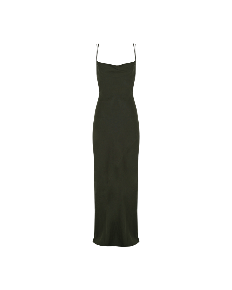 NAIA LINEN SLIP KHAKI | Bias cut linen maxi dress with a cowl neck, crossover back straps and side split. The bias cut allows the linen to skim the body in all the right places.