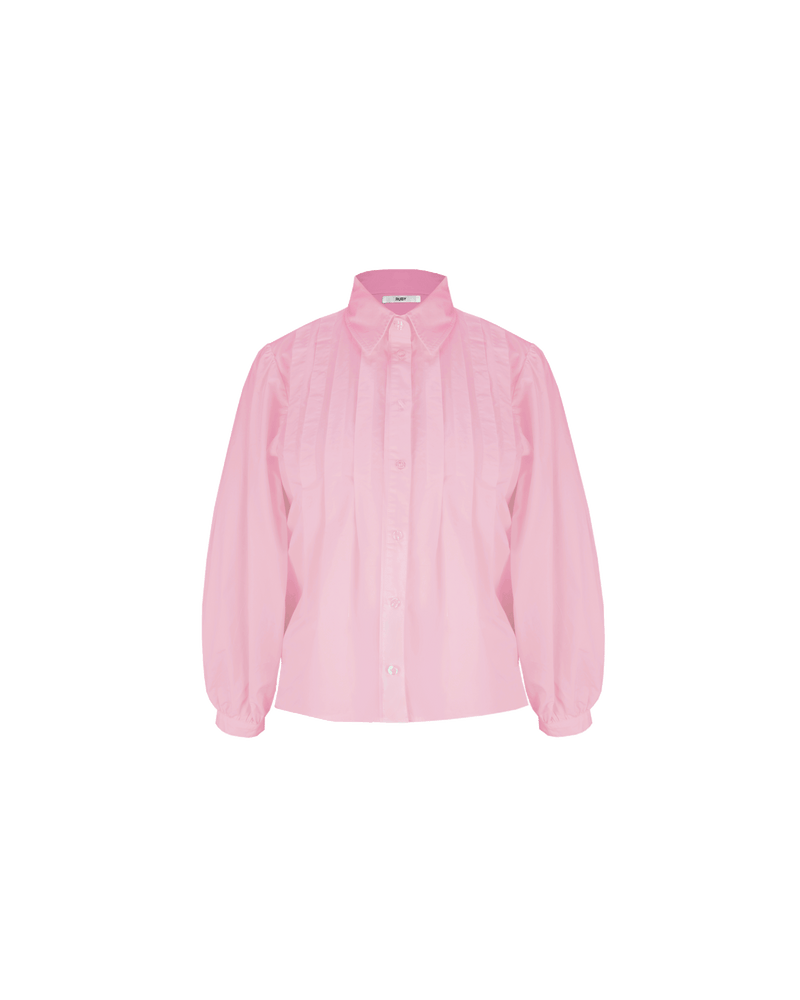 NAOMI SHIRT PINK | A classic pink shirt that is elevated by the front box pleats. This shirt also features a 'balloon' sleeve, that looks great layered under vests and tops.
