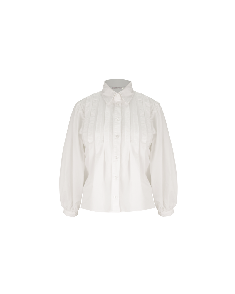NAOMI SHIRT WHITE | A classic white shirt that is elevated by the front box pleats. This shirt also features a 'balloon' sleeve, that looks great layered under vests and our Margie Tie-Back Top.