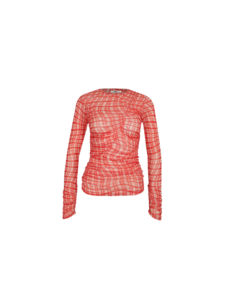 NEPTUNE MESH LONGSLEEVE RED TARTAN | Form fitting stretchy mesh longsleeve in our RUBY red tartan print with ruched detailing along the body and sleeves. This top is sheer, making it the perfect playful layering piece.