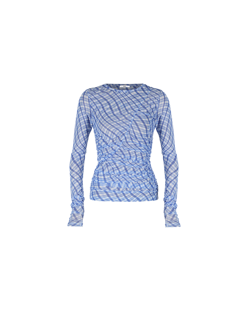 NEPTUNE MESH LONG SLEEVE BLUE CHECK | Form fitting stretchy mesh long sleeve in our RUBY blue waves print with ruched detailing along the body and sleeves. This top is sheer, making it the perfect playful layering...