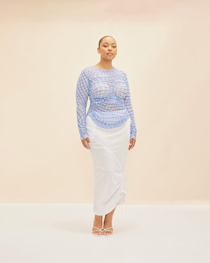 NEPTUNE MESH LONG SLEEVE BLUE CHECK | Form fitting stretchy mesh long sleeve in our RUBY blue waves print with ruched detailing along the body and sleeves. This top is sheer, making it the perfect playful layering...