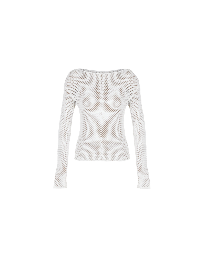 SPRITZ LONG SLEEVE WHITE | Long sleeve netted crochet top with a high boat neckline. Crotched in a luxe cotton, this top is the perfect summer-weight knit.