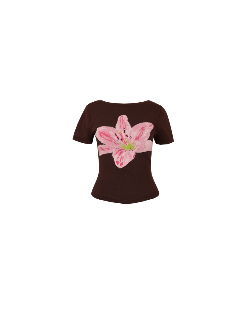 NOELLA T-SHIRT LILY | Knitted baby tee with a statement pink lily design. Features a scooped back and sits slightly cropped.