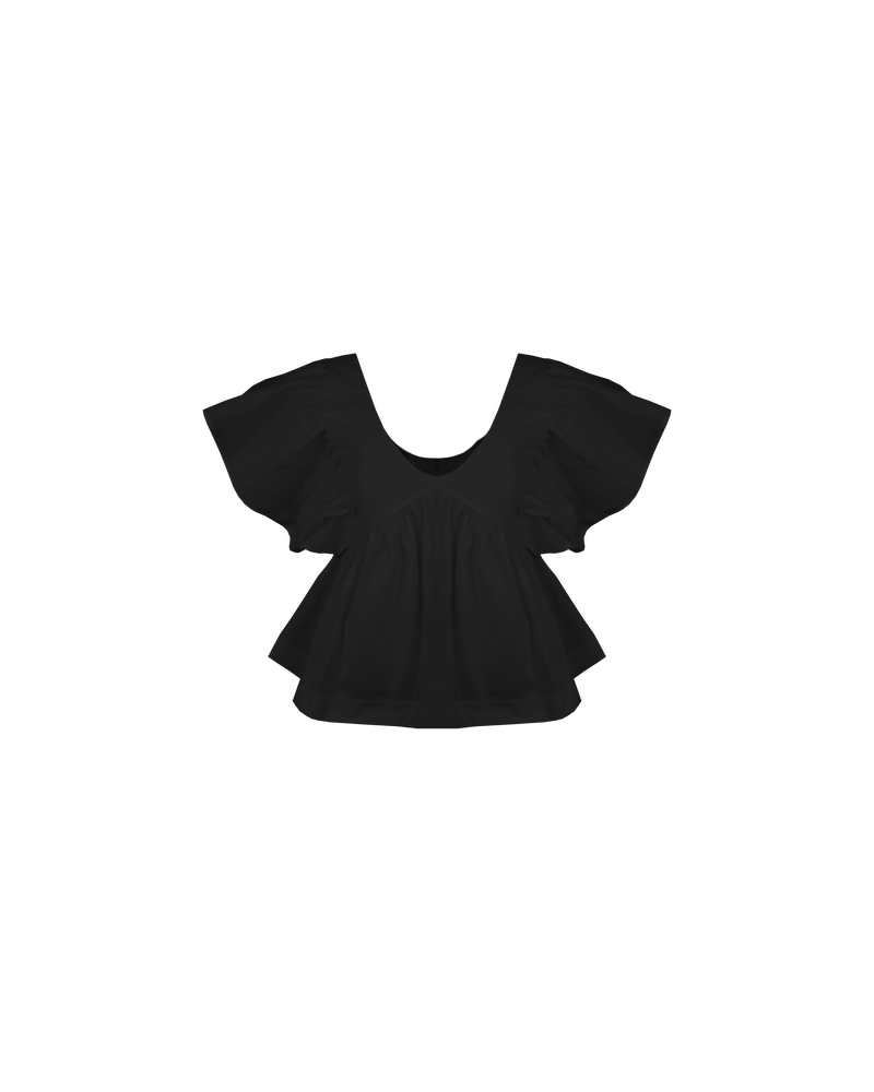 NONI RUFFLE TOP BLACK | Short sleeve cotton blouse, design with feature ruffled sleeves and a ruffle peplum hem. This top has bust shaping and a v-neckline, which makes for an easy-wear style.