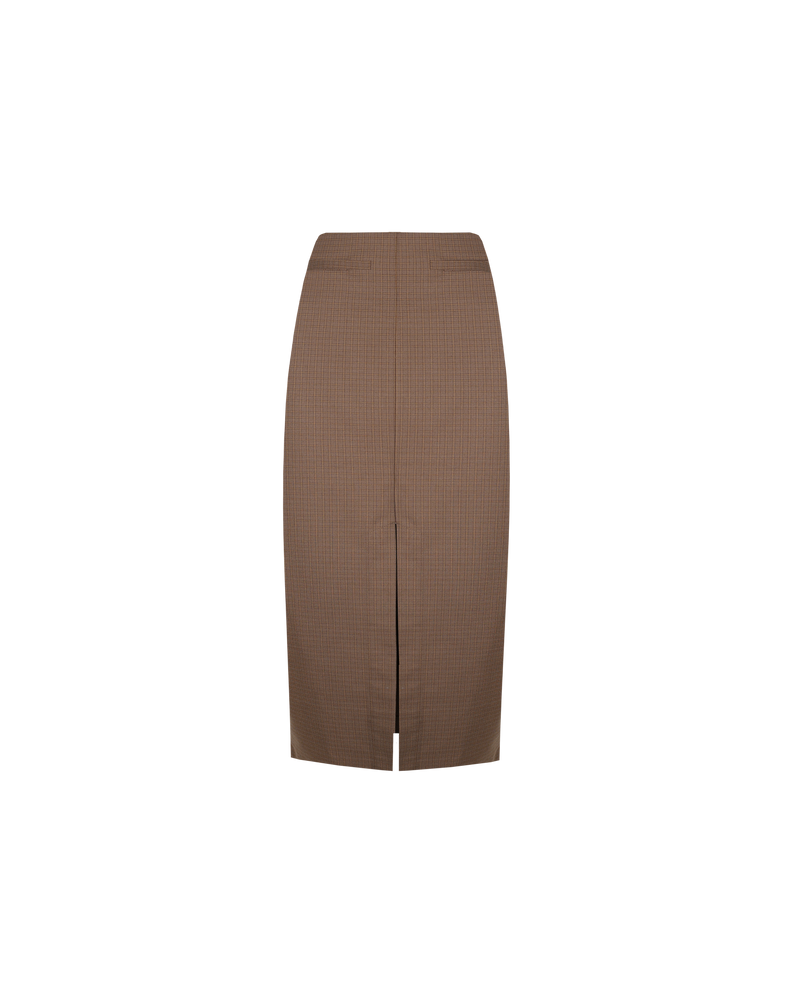 NORTH MIDI SKIRT BROWN CHECK | Crafted in a striking vintage-inspired brown check with two front pockets and a flattering front split, this skirt is timeless.