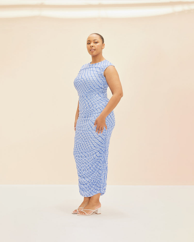 NEPTUNE MESH TANK DRESS BLUE CHECK | Mesh tank style maxi dress in our RUBY blue waves print. Features ruching down both side seams to create texture and shape, whilst making you look seriously good.