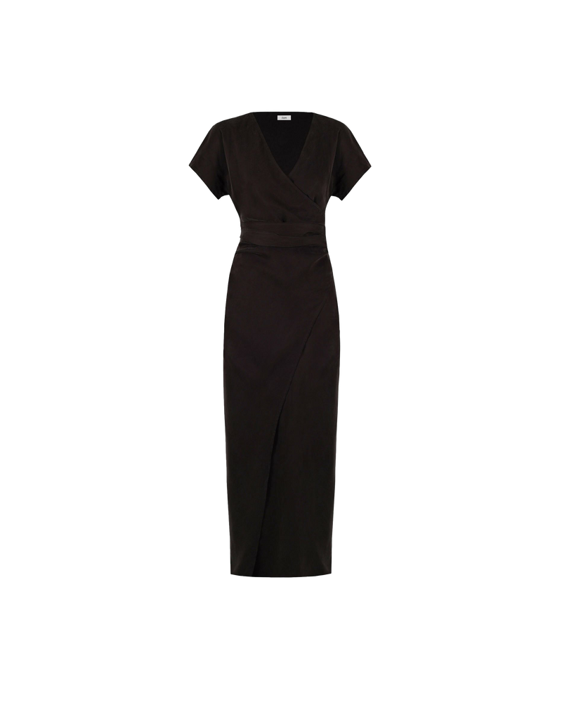 OMNIA CAPSLEEVE WRAP DRESS CHOCOLATE | Cap sleeve, full length bias cut wrap dress cut from a lustrous chocolate cupro. This dress is a full wrap through so you can wear this piece as open or...