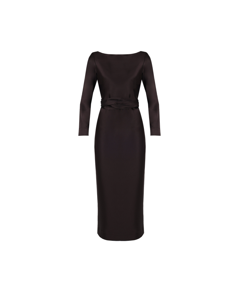 OMNIA LONG SLEEVE DRESS ESPRESSO | The Omnia Long sleeve Dress is a bias cut midi dress.