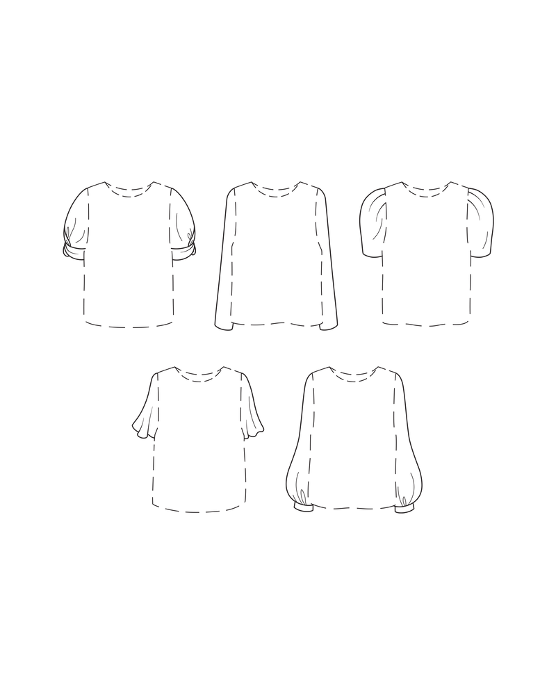 PACK O' SLEEVES PATTERN | The Pack o' Sleeves is a pack of 5 different sleeve styles: fluted short sleeve, knotted short sleeve, short sleeve with pleats at the sleeve head, full-length puff, and full-length...