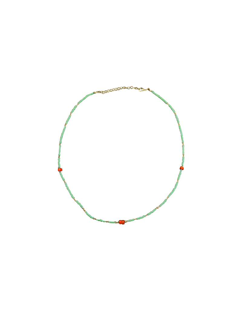 PACO NECKLACE GREEN | Beaded style necklace designed with an assortment of natural stone beads and gold ball beads. This dainty piece will add a beachy feel to any outfit and is perfect for layering with multiple necklaces.