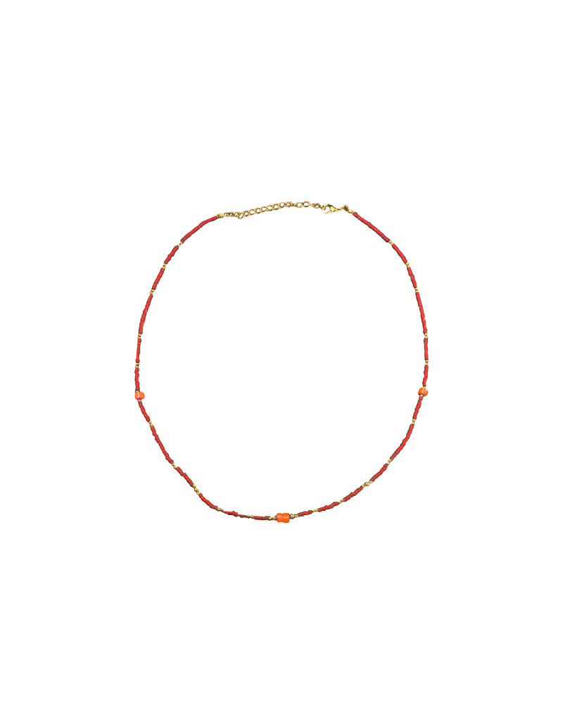 PACO NECKLACE RED | Beaded style necklace designed with an assortment of natural stone beads and gold ball beads. This dainty piece will add a beachy feel to any outfit and is perfect for layering with multiple necklaces.