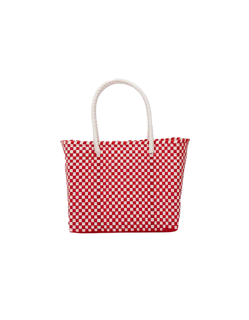 PALOMA RED/WHITE | Fun, sustainable and durable - these bags are handmade in Mexico using recycled plastic. Developed by skilled weavers in the Oaxaca region, within a fair-trade environment, this bag takes approximately...