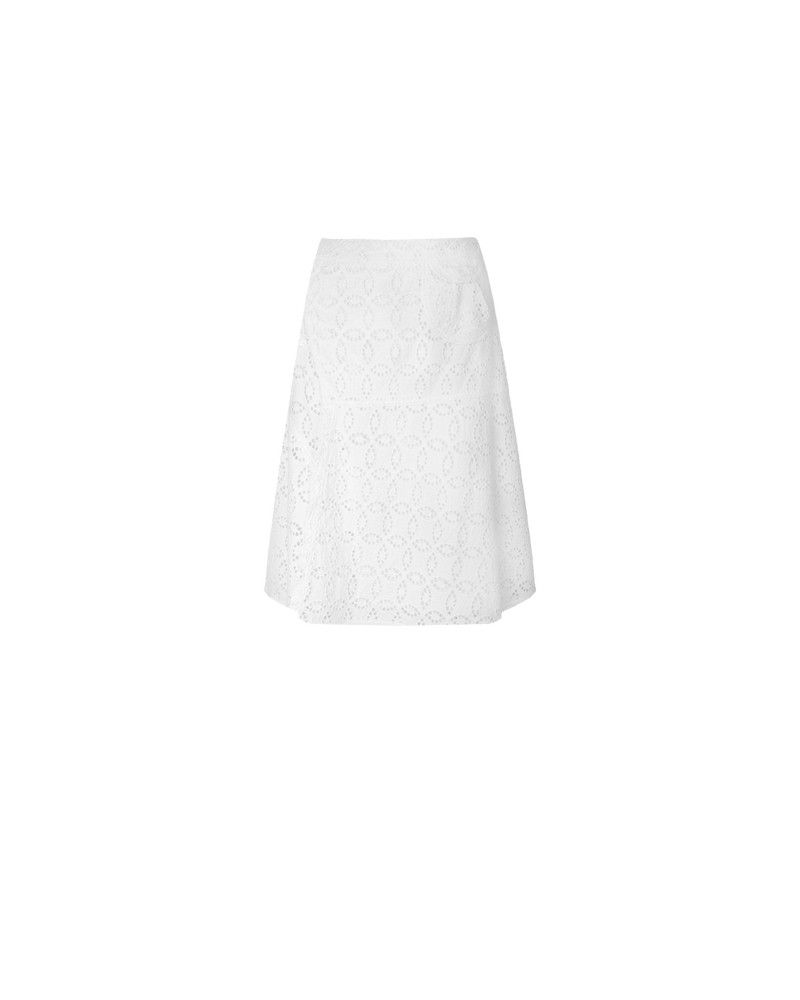 PARFAIT WRAP SKIRT WHITE | Broderie lace midi skirt, designed with a feature pouch pocket at the waistband, and a subtle side split. This piece is patchworked together to created a soft falling A-line silhouette.