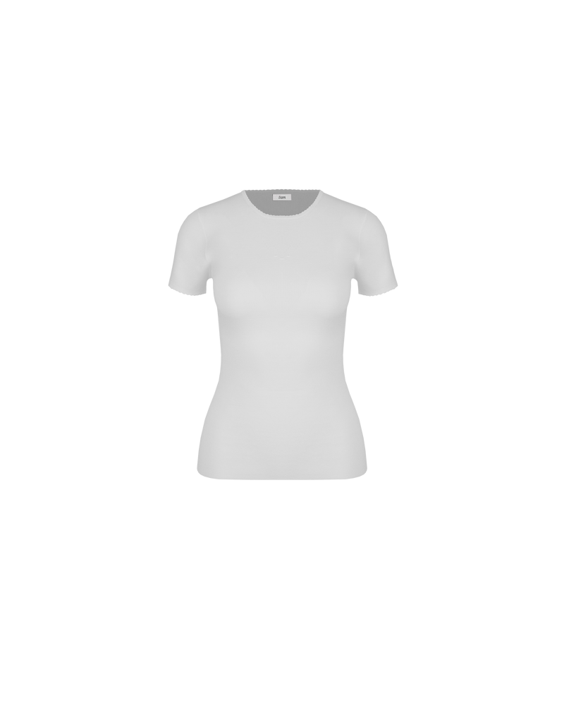 PARKLIFE CAP SLEEVE T-SHIRT WHITE | Cap sleeve t-shirt designed with a scalloped edge detail at the neckline and sleeves. This t-shirt will be a wardrobe staple.