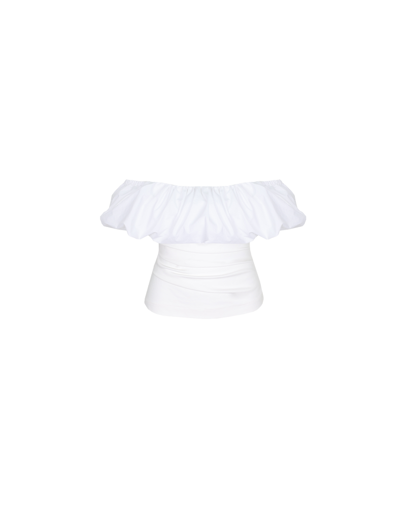 PARLOUR TOP WHITE | Off shoulder slim fit top with a feature frilled detail around the neckline, arm and back. The ruffle is designed in a cotton to emphasise the shape and the top is...