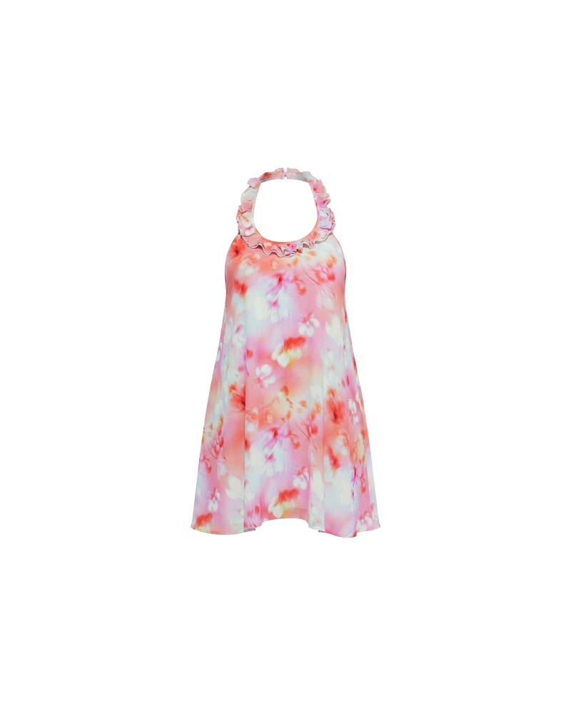 PASSIONFRUIT HALTER MINI DRESS GLOWY FLORAL | Floaty mini dress with feature ruffles along the neckline and an open back, designed in our glowy floral print. Features considered details with two side pockets and an adjustable tie at the neck, which make this an easy pick in...