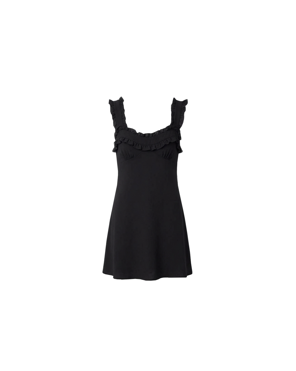 PASSIONFRUIT MINI DRESS BLACK | Mini slip dress with ruffle details, designed in black viscose. With a soft vintage look, this is the perfect light-weight summer dress, or a cute layering piece for cooler weather. 