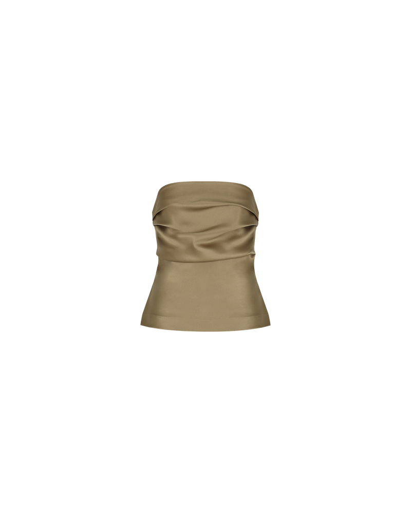 CHER SATIN BODICE PEAR | Strapless bodice with pleated detail down the front, crafted in an pear coloured satin that adds to the structure of the piece. This piece is darted and slightly fluted at the hem to highlight...