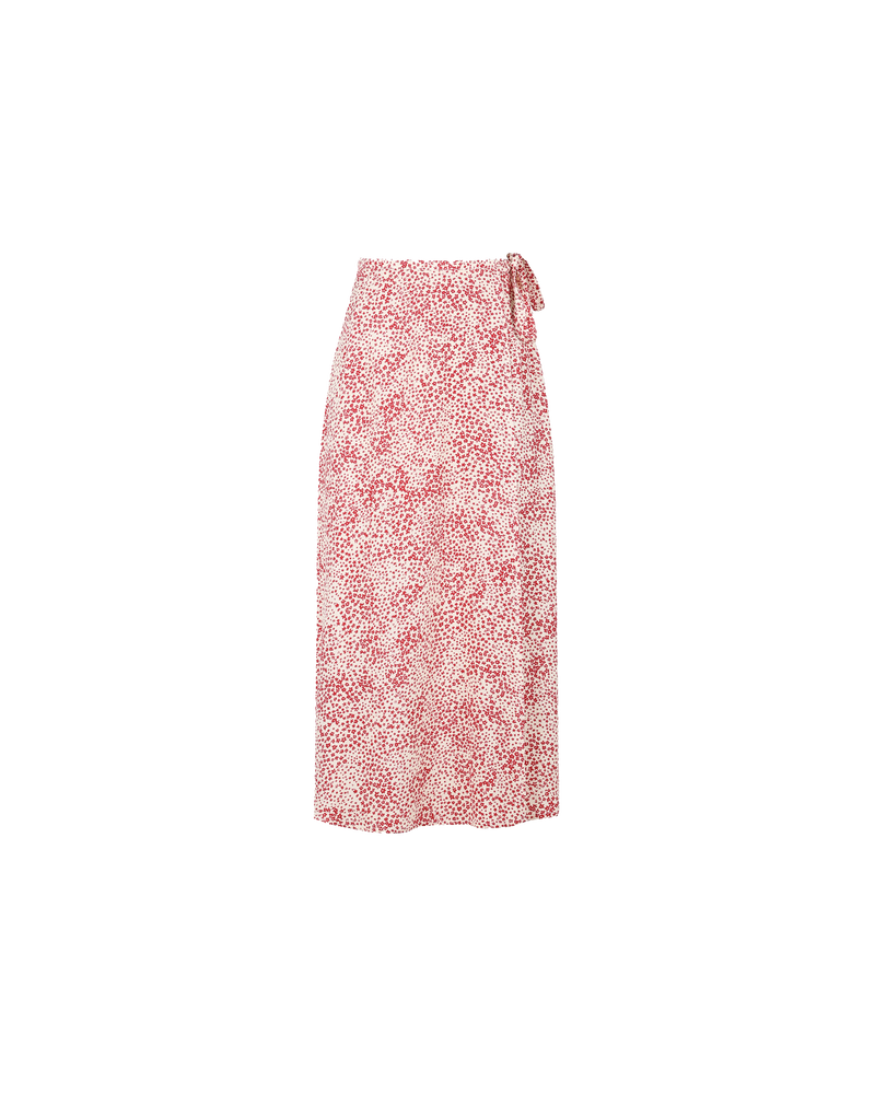 PERRIE WRAP SKIRT RED FLOWER | Midi length wrap skirt that ties at the waist, in a red and ivory floral print. With a fluttery silhouette this skirt is a classic style you'll love for many...