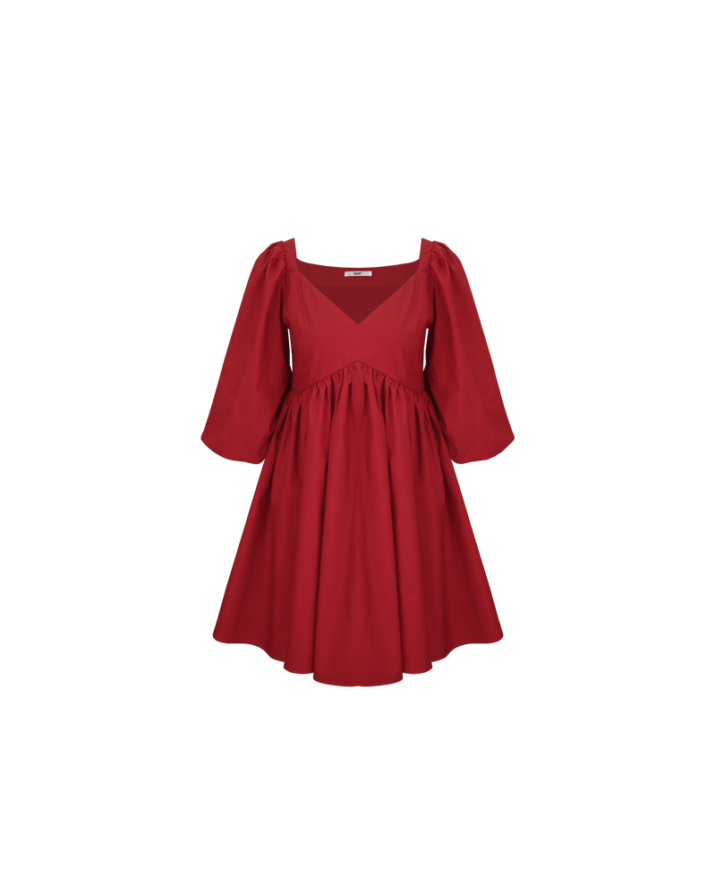 NONI MINI DRESS GARNET | Baby doll mini dress crafted in a garnet red cotton. Features panelling at the bust that falls to a soft, A-line gathered skirt and puff sleeves.
