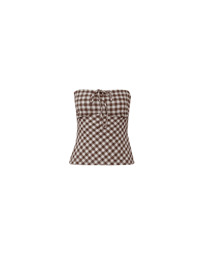 PRISM BODICE BROWN GINGHAM | Bodice tube top designed in a seersucker textured gingham. Featuring an adjustable drawstring tie at the bust, this is the easiest addition to your summer wardrobe.