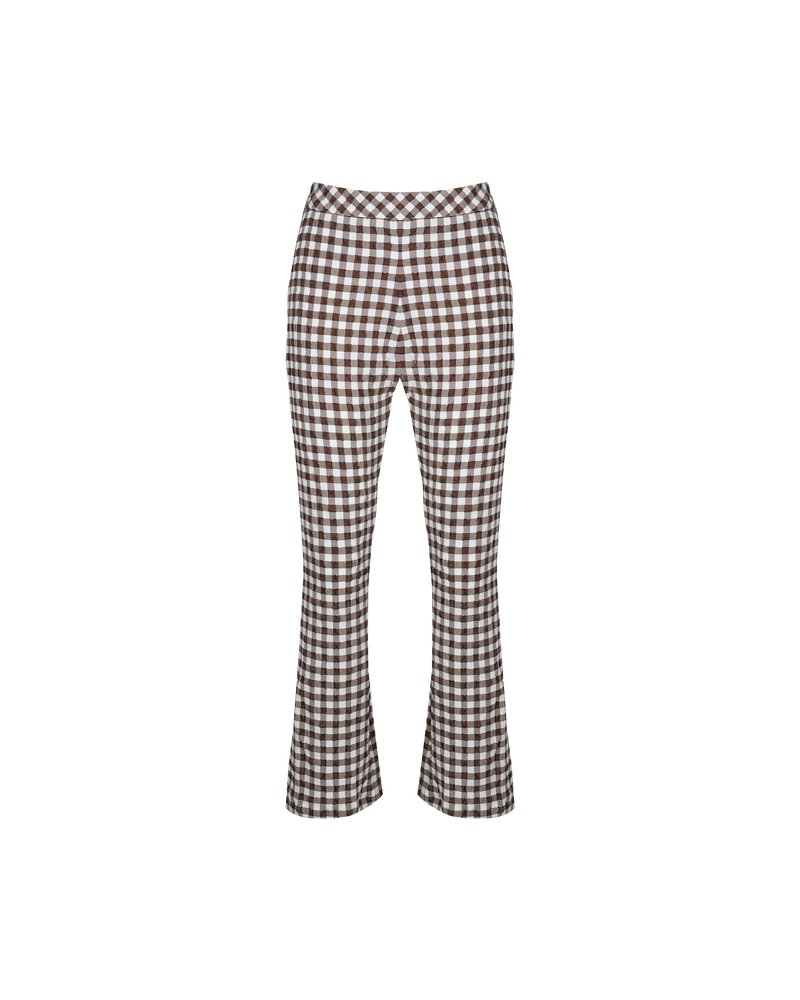 PRISM PANT BROWN GINGHAM | High-waisted stretch gingham pant with a flared leg. Finishing just on the ankle, these pants are the perfect summer pant and can be made a set with the Prism Top.