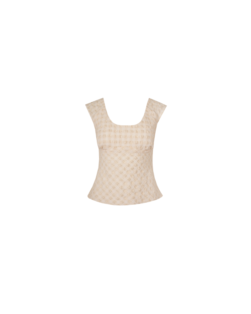PRISM TOP NATURAL | Cap sleeve top cut in a stretch gingham fabric that has a gathered, seersucker texture. The round neckline falls to be scooped at the back. This top is an easy...