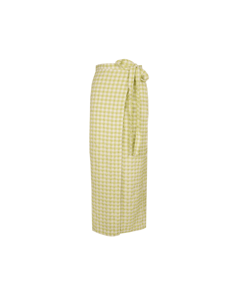 PRISM MIDI SKIRT LIME GINGHAM | Wrap midi skirt designed in a seersucker textured lime gingham. This skirt is versatile in that it can be worn low or high-waisted, depending on how you tie it.