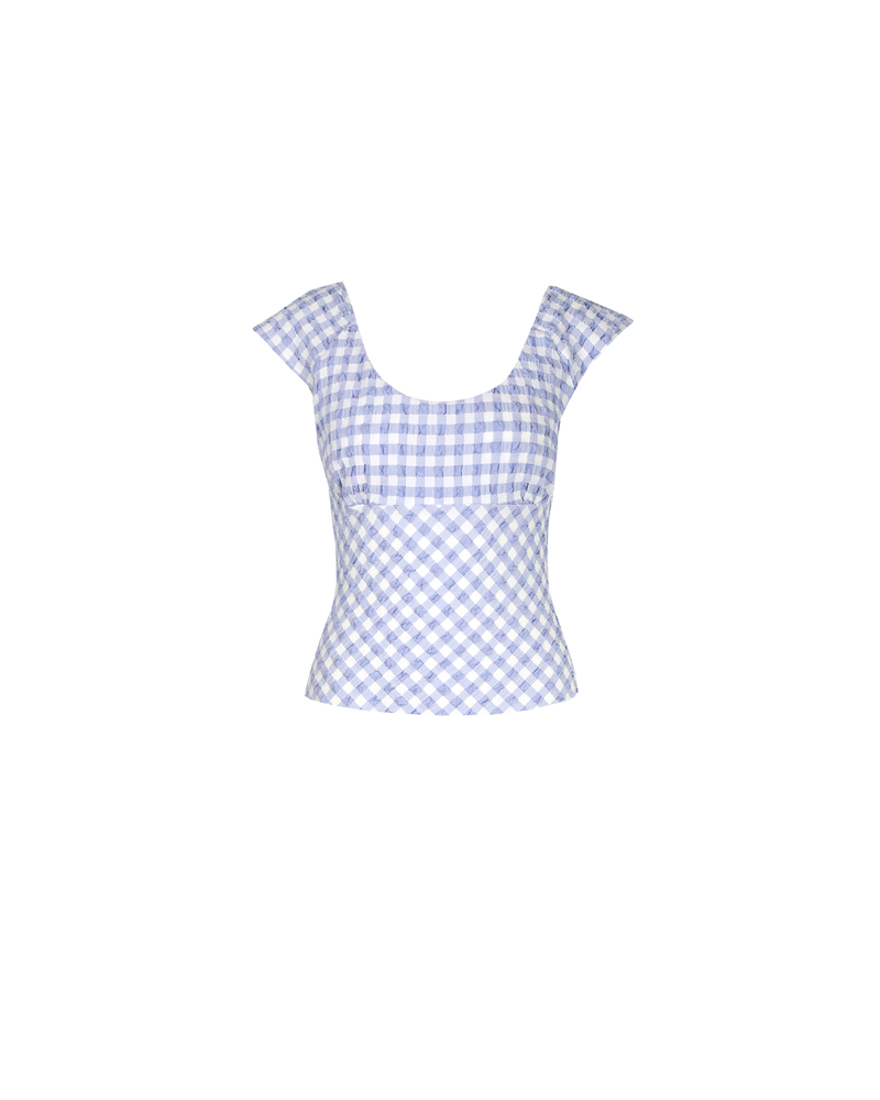 PRISM TOP PERIWINKLE GINGHAM | Cap sleeve top cut in a stretch gingham fabric that has a gathered, seersucker texture. The round neckline falls to be scooped at the back. This top is an easy...