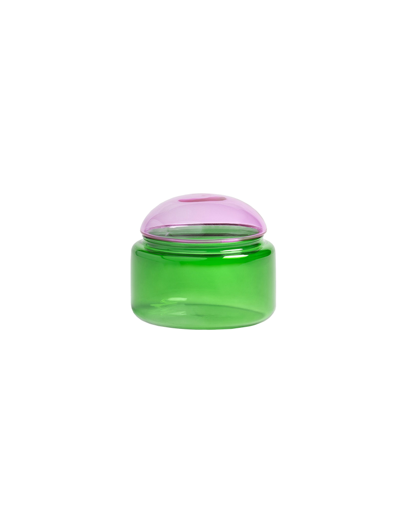 PUFFY JAR SMALL GREEN | Delicate glass jar designed in a contrast green and pink. Perfect for storage or to add some colour to any space.