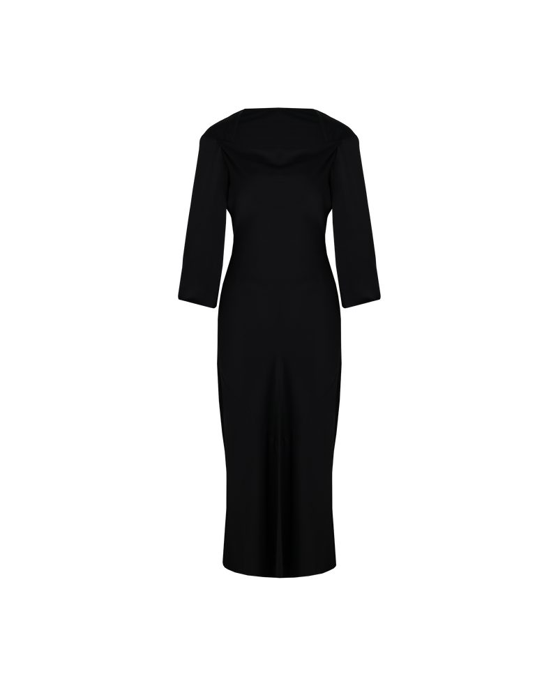 QUINCY MIDI DRESS BLACK | Long sleeve bias cut dress crafted in a luxe black satin. Features a wide boat style neckline that falls to give a soft cowl effect.