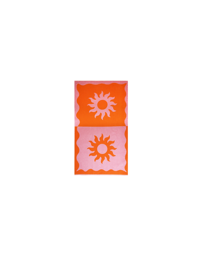 SUN BEACH TOWEL ORANGE PINK | Translating the RUBY aesthetic into homeware, this luxuriously soft and absorbent beach towel will be your best friend this summer. Crafted in 100% cotton, with a contrasting pink and orange...