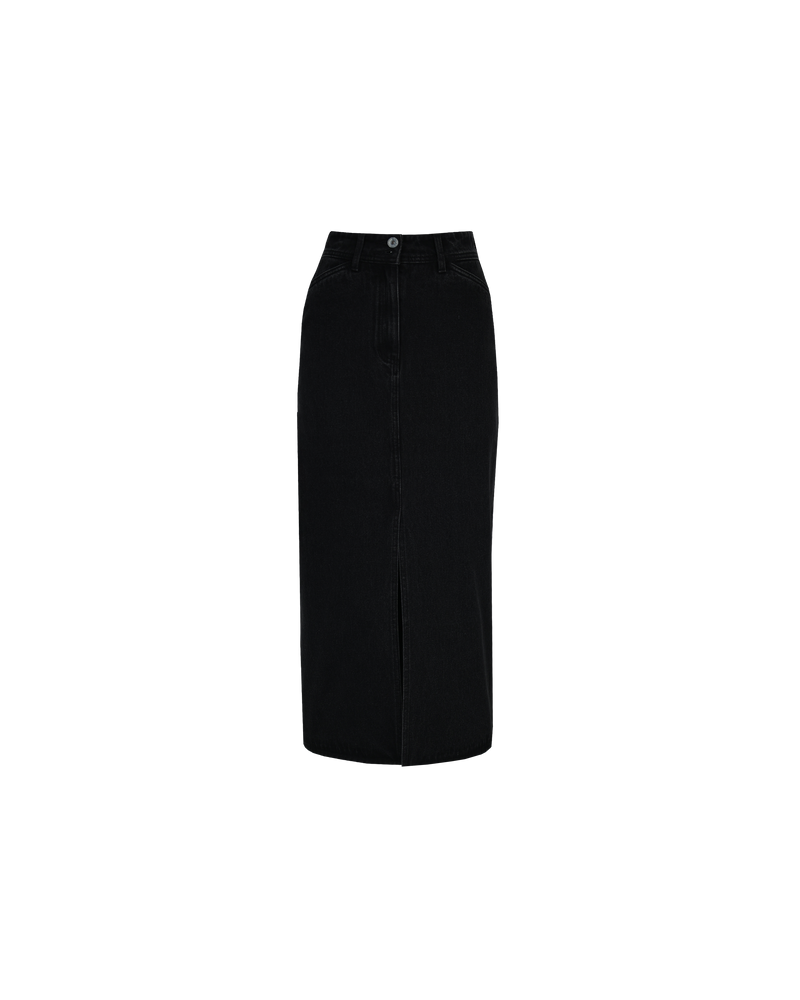 RAFFIA DENIM SKIRT BLACK | Straight fit midi skirt cut from a mid-weight denim in a washed black colour. A timeless staple that features a front split for movement and pockets to house your essentials.