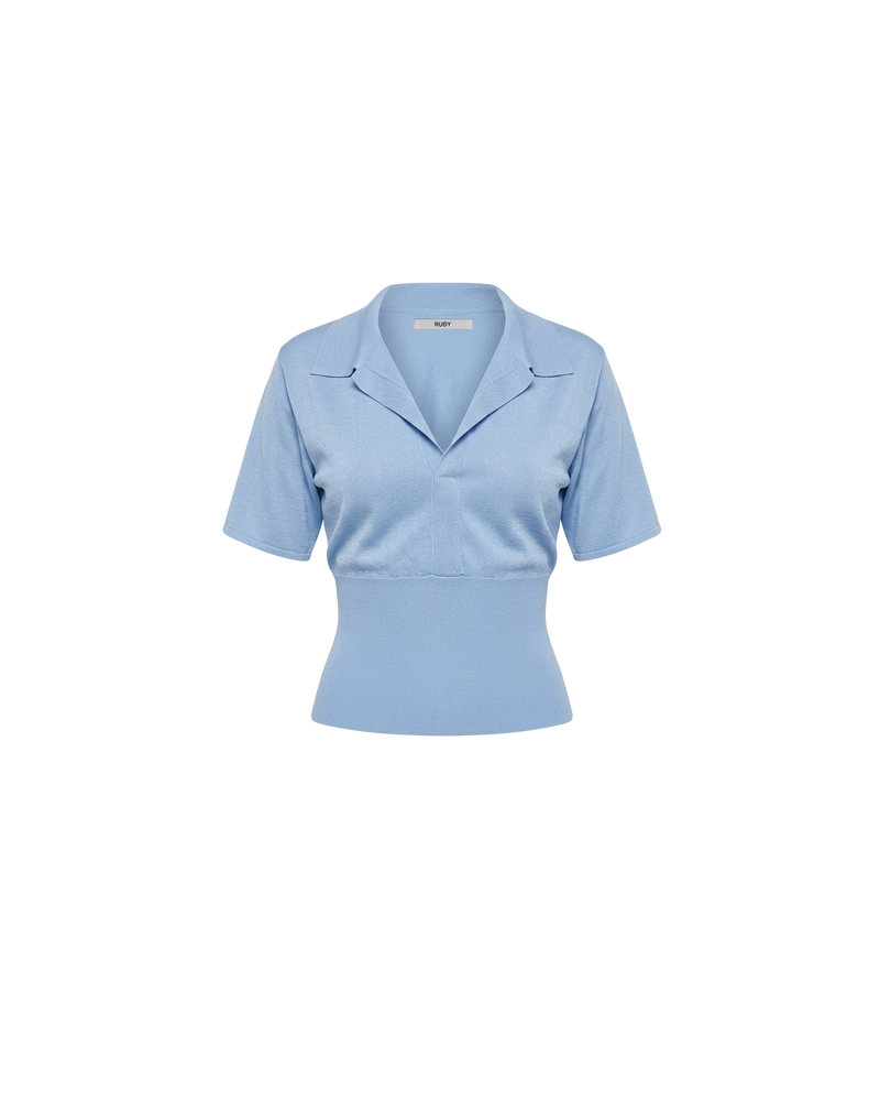 RAMONA SHORT SLEEVE POLO TOP SERENITY | An update to our Ramona Polo Top, this short sleeve knit is designed in our dreamy serenity blue, featuring a collar and wide V-neckline. Paired with denim or your favourite skirt, this top is a staple for your everyday wardrobe.