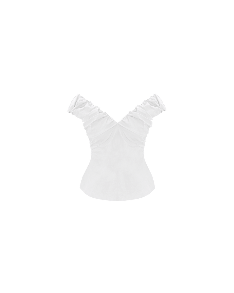 RAQUEL TOP WHITE | Crafted in a crisp white cotton with ruched detailing at the bust, this top can be worn on or off the shoulder. The tailored fit is designed to sit close...