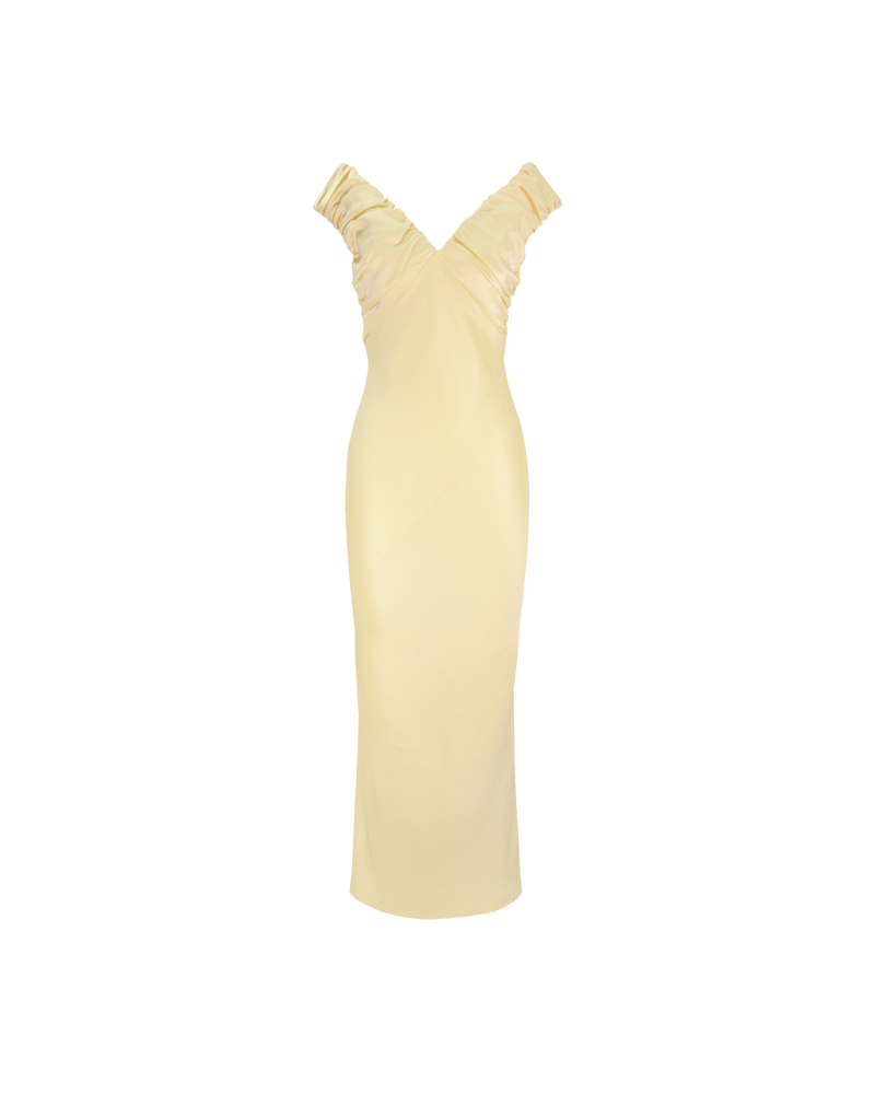 RAQUEL SATIN GOWN BUTTER | Satin slip dress is crafted in a heavy-weight luxe butter fabric, with ruched bust detailing. Wear it on or off the shoulder, either way, this dress is a show stopper.