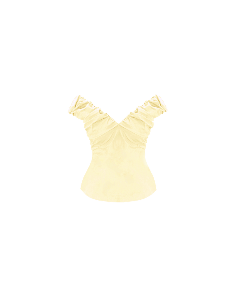 RAQUEL TOP BUTTER | Crafted in a butter organic cotton fabric with ruched detailing at the bust, this top can be worn on or off the shoulder. The tailored fit is designed to sit close to your body without feeling too tight. 