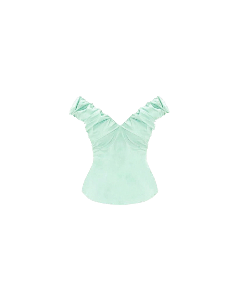 RAQUEL TOP MINT JULEP | Crafted in a mint julep organic cotton fabric with ruched detailing at the bust, this top can be worn on or off the shoulder. The tailored fit is designed to sit close to your body without feeling too tight. Make...