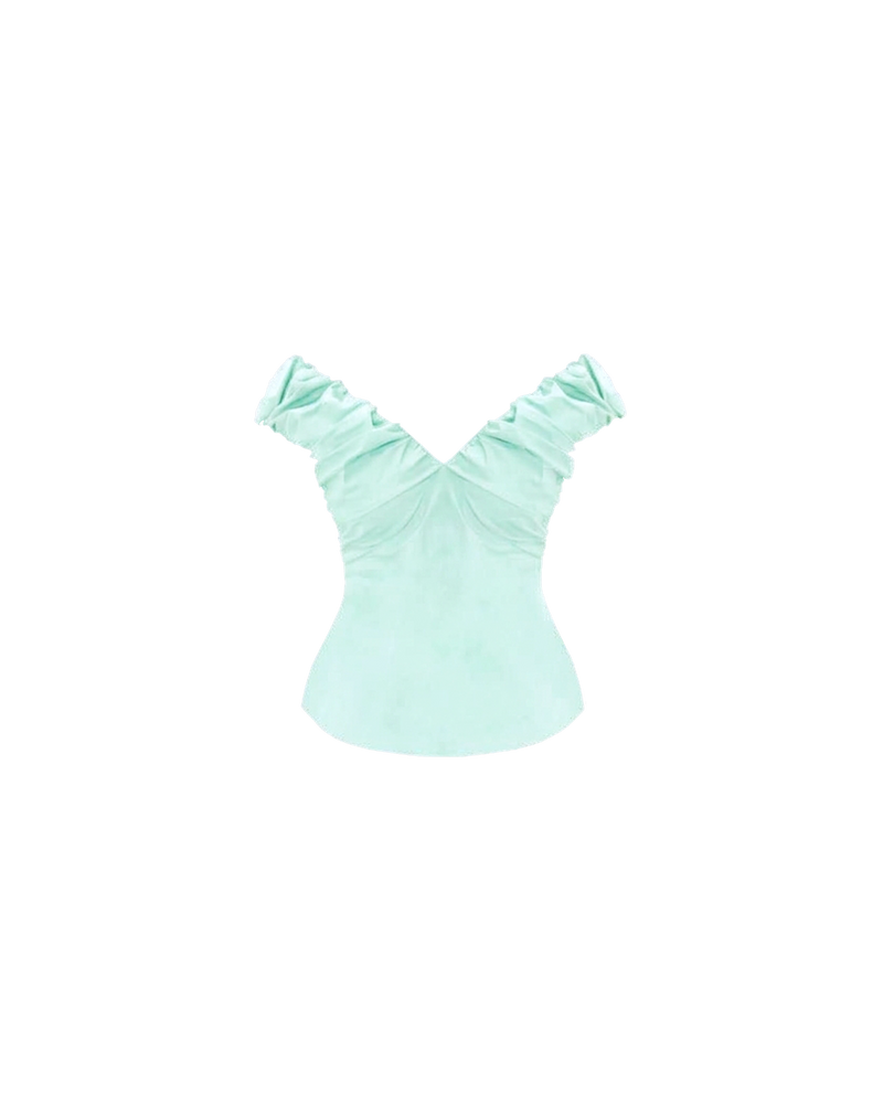 RAQUEL TOP MINT JULEP | Crafted in a mint julep organic cotton fabric with ruched detailing at the bust, this top can be worn on or off the shoulder. The tailored fit is designed to sit close to your body without feeling too tight. Make...