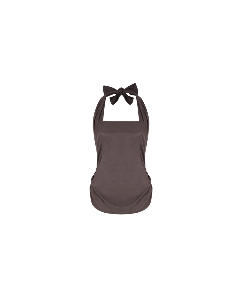 REESE HALTER TOP PEWTER | Fitted halterneck top that ties at the back neck, cut in an earthy pewter shade. Small details such as front seam details and ruching at the side hems form the...