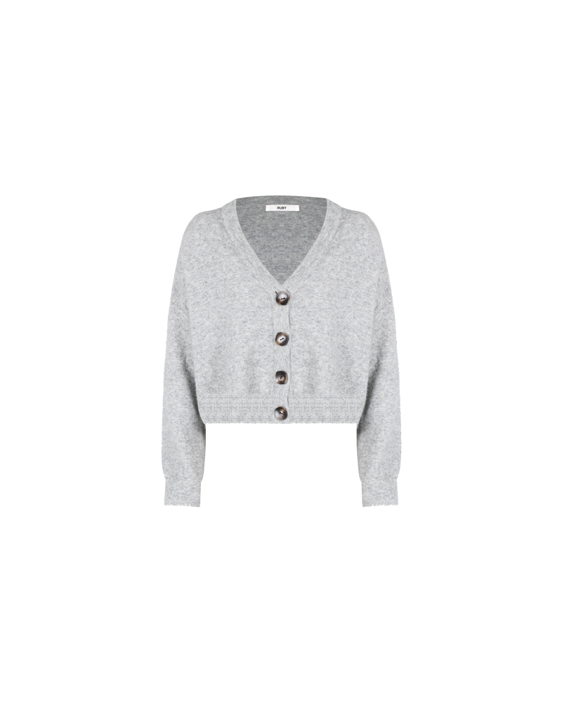 DARCY CARDIGAN GREY | Relaxed fit cardigan defined by ribbed trims with a slightly cropped hem. With four square tortoiseshell buttons, this piece can be worn undone as a layering piece or buttoned up...