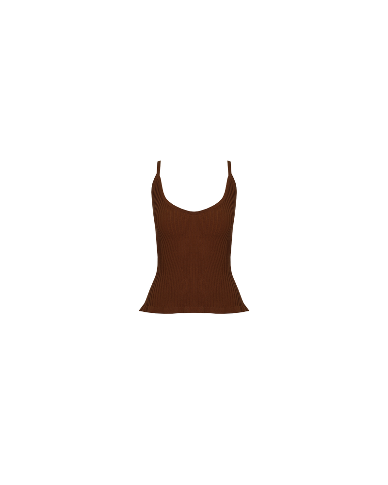 RINA TANK CAPPUCCINO | Ribbed knitted tank top in a cappuccino colour. This top can be worn many ways by adjusting the straps, giving you 4 options in 1.